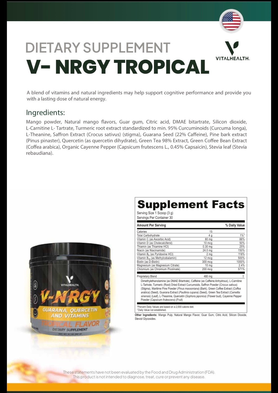 Vital Health V-NRGY Powdered Dietary Supplement-Tropical Flavored-Energy & Focus
