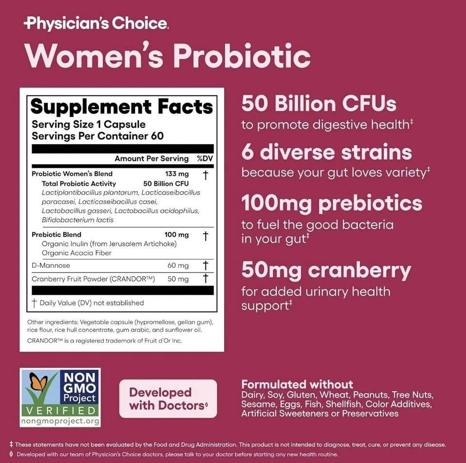Physician’s Choice Women’s Probiotic 50 Billion CFU, Prebiotics, 60 Capsules