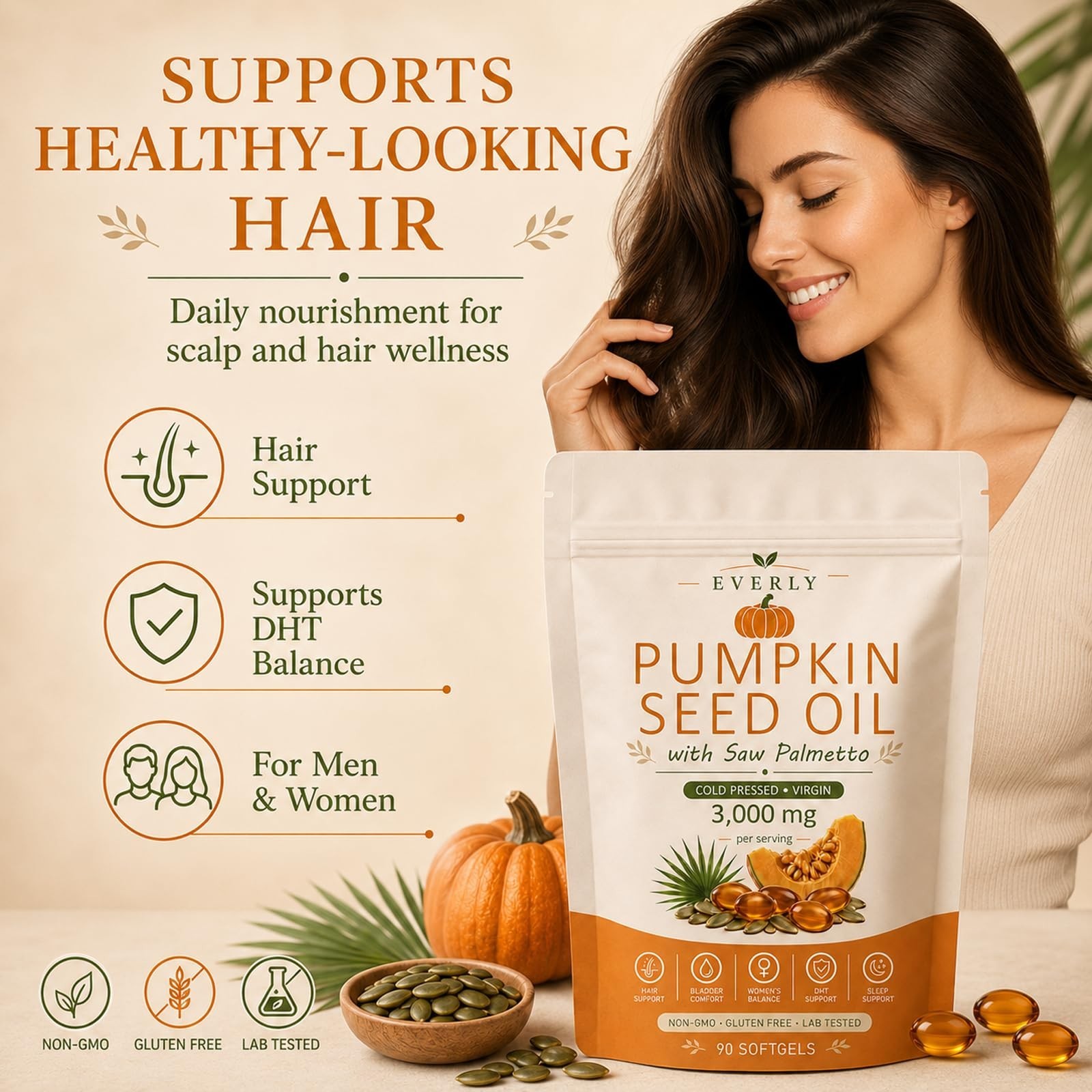 Pumpkin Seed Oil with Saw Palmetto, Cold Pressed Non-GMO, 90 Softgels for Hair &