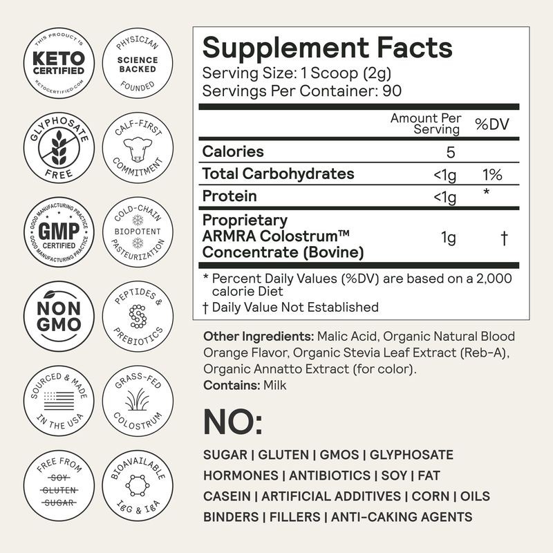 ARMRA Colostrum Immune Revival – Immune Barrier Superfood – Blood Orange – 6.3oz