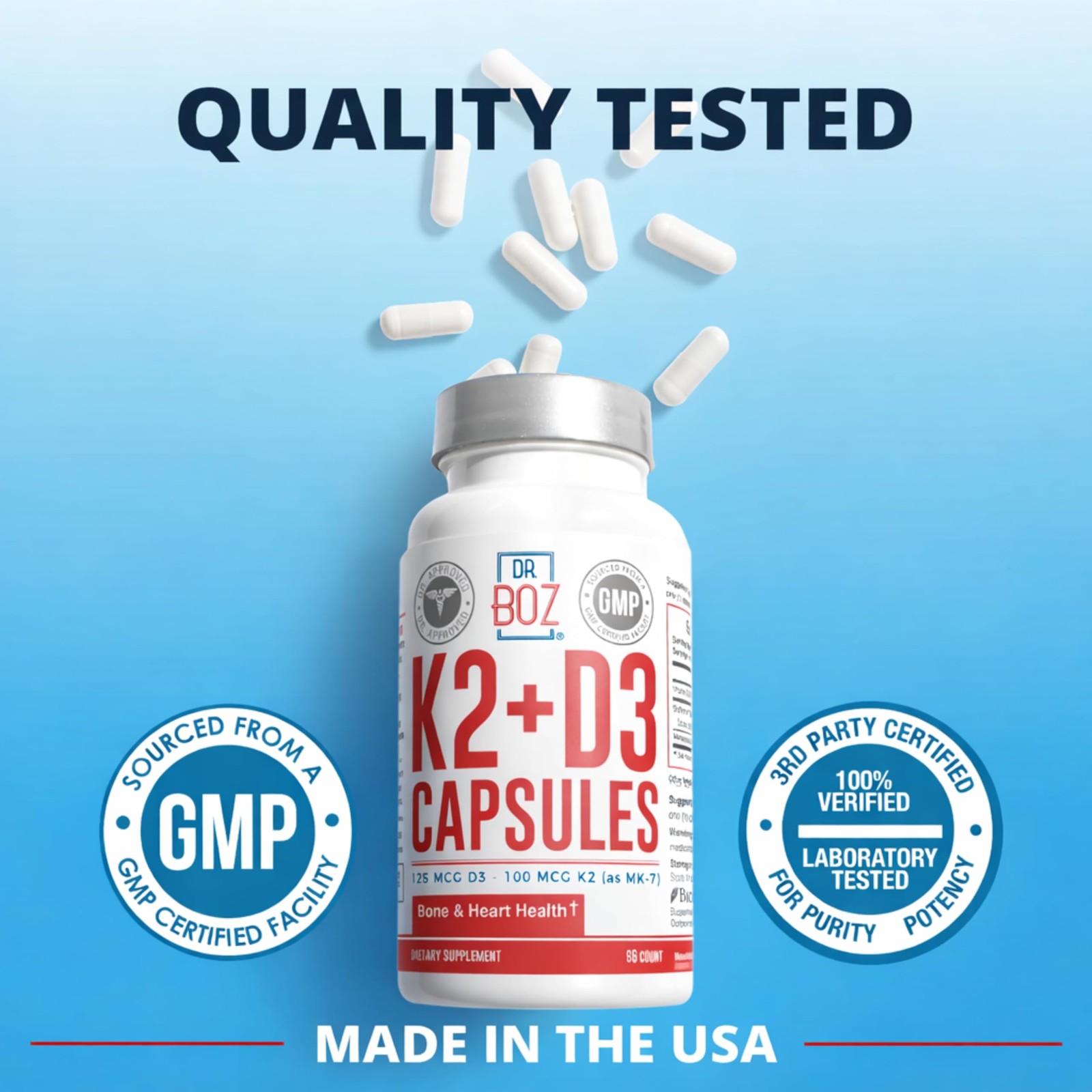 Dr. Boz – K2+D3 Capsules, 66 1 Count (Pack of 66), Red, White, Blue, Grey