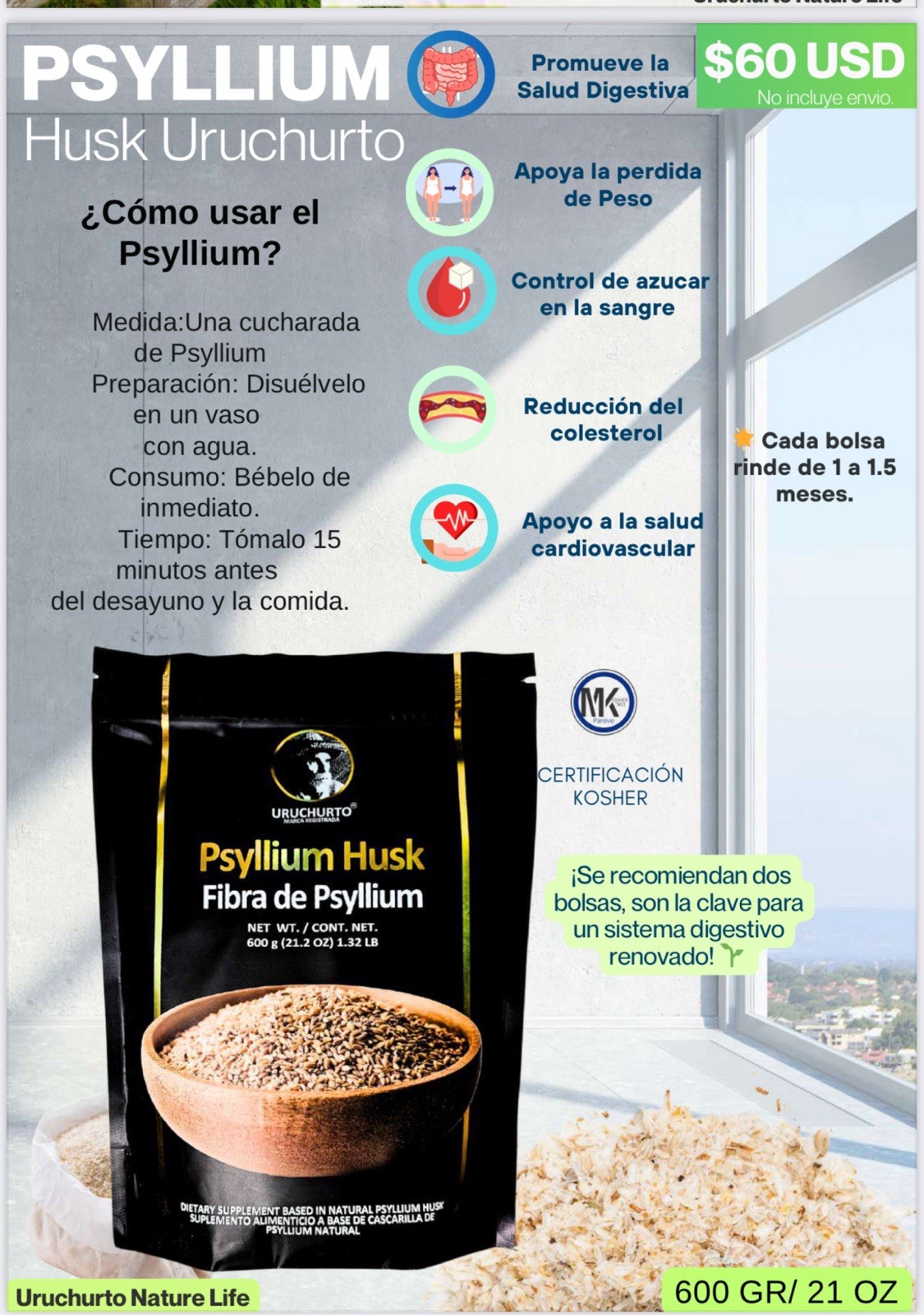 URUCHURTO Supplements Organic Psyllium Husk Powder – Dietary Fiber