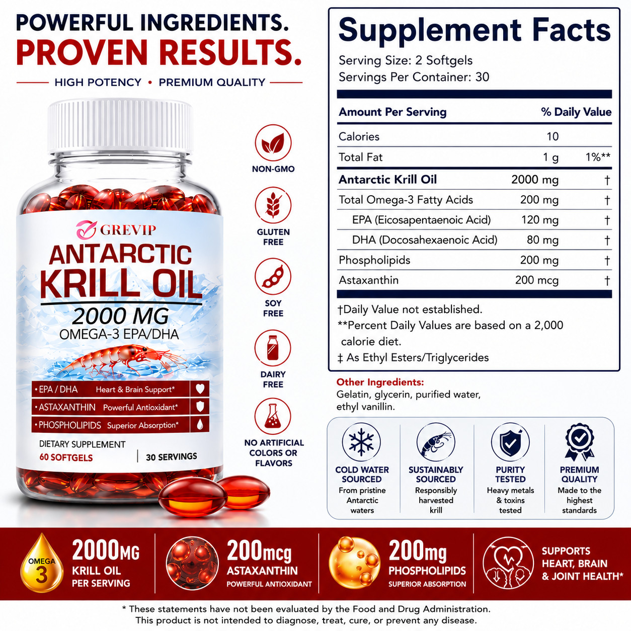 Antarctic Krill Oil 2000mg Omega 3, EPA, DHA, Astaxanthi For Heart, Brain, Joint