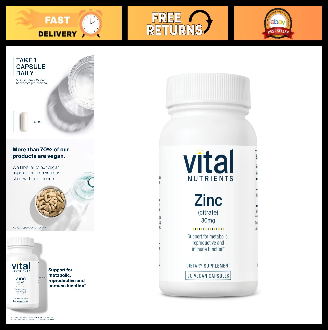 Zinc Citrate 30mg – Immune Support Supplement, Vegan, Gluten & Dairy Free, 90 Ca