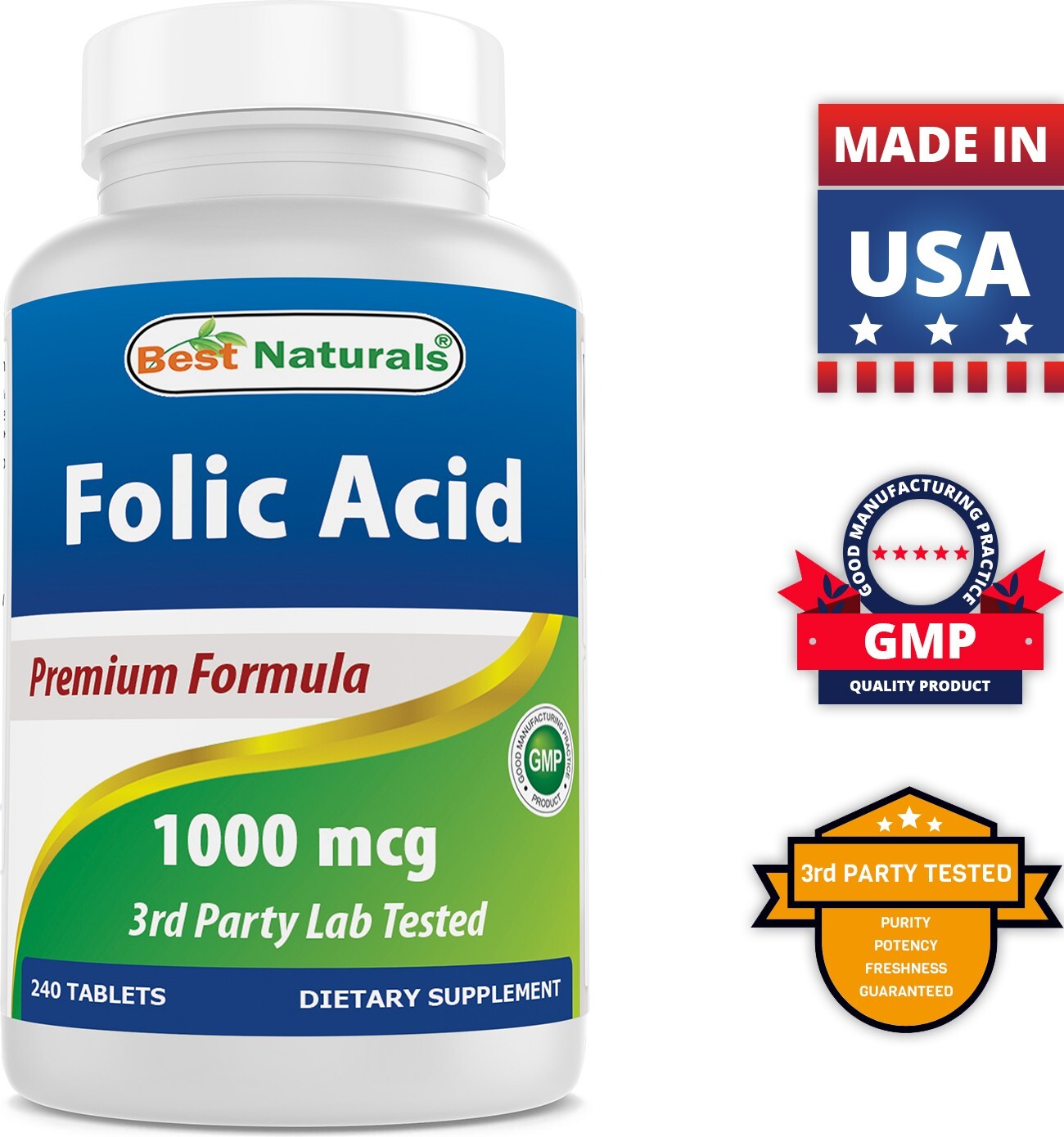 Best Naturals Folic Acid 1000 mcg (Vitamin B9), 240 Tablets