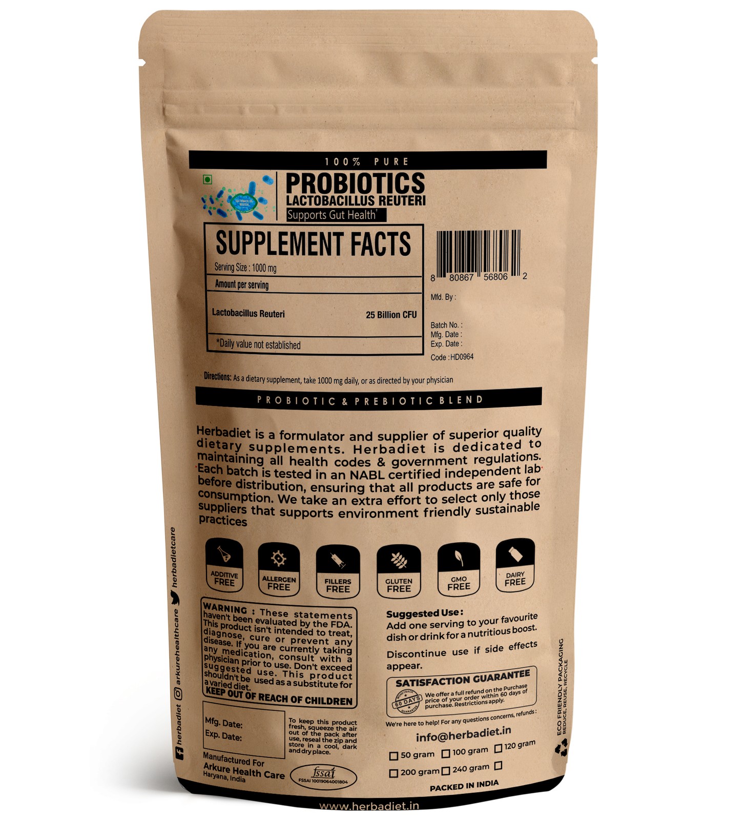 Probiotics Blend Lactobacillus Reuteri Powder POTENT 25 Billion CFU/Gram
