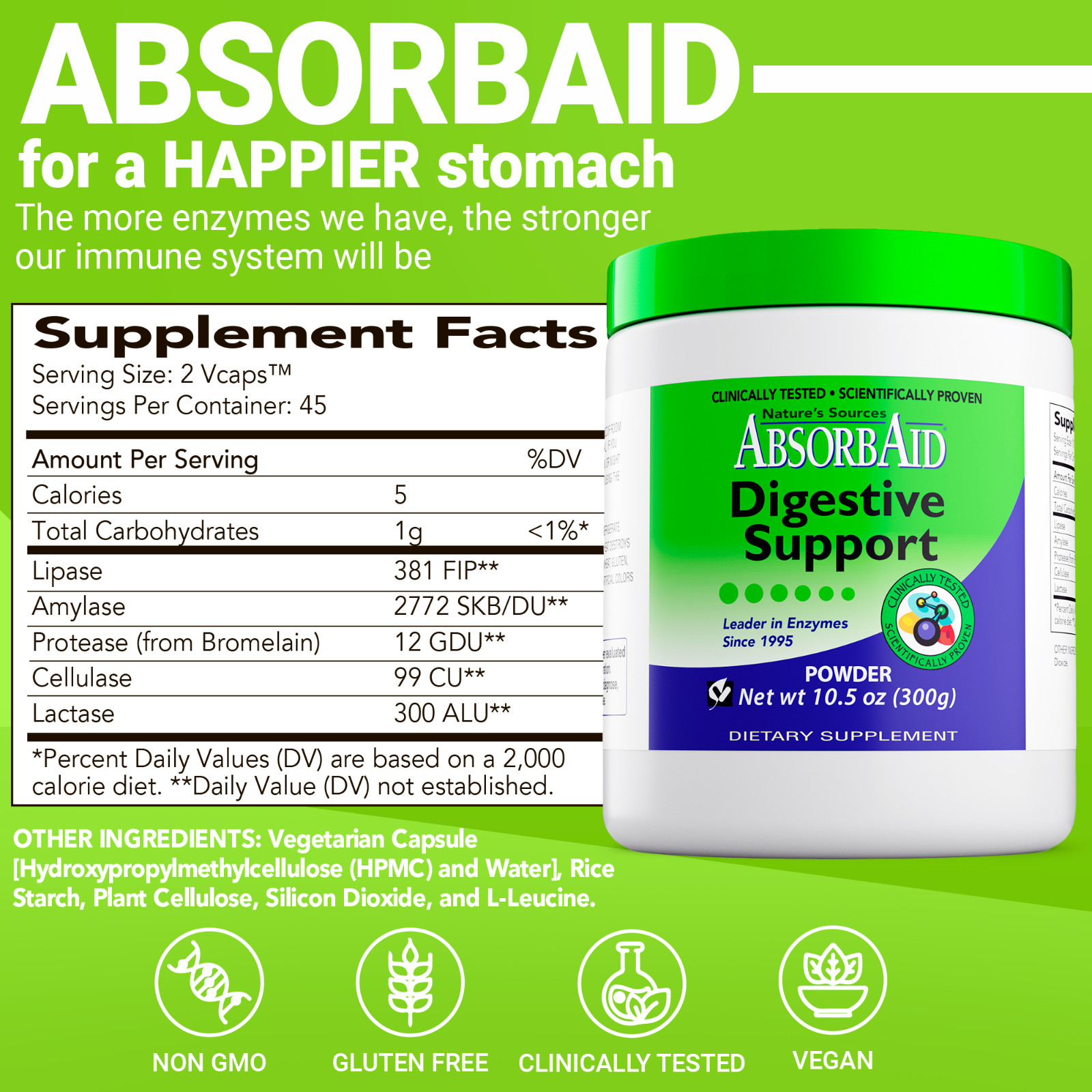 AbsorbAid 300g Powder -Natural Digestive Enzymes for gas, bloating & acid reflux