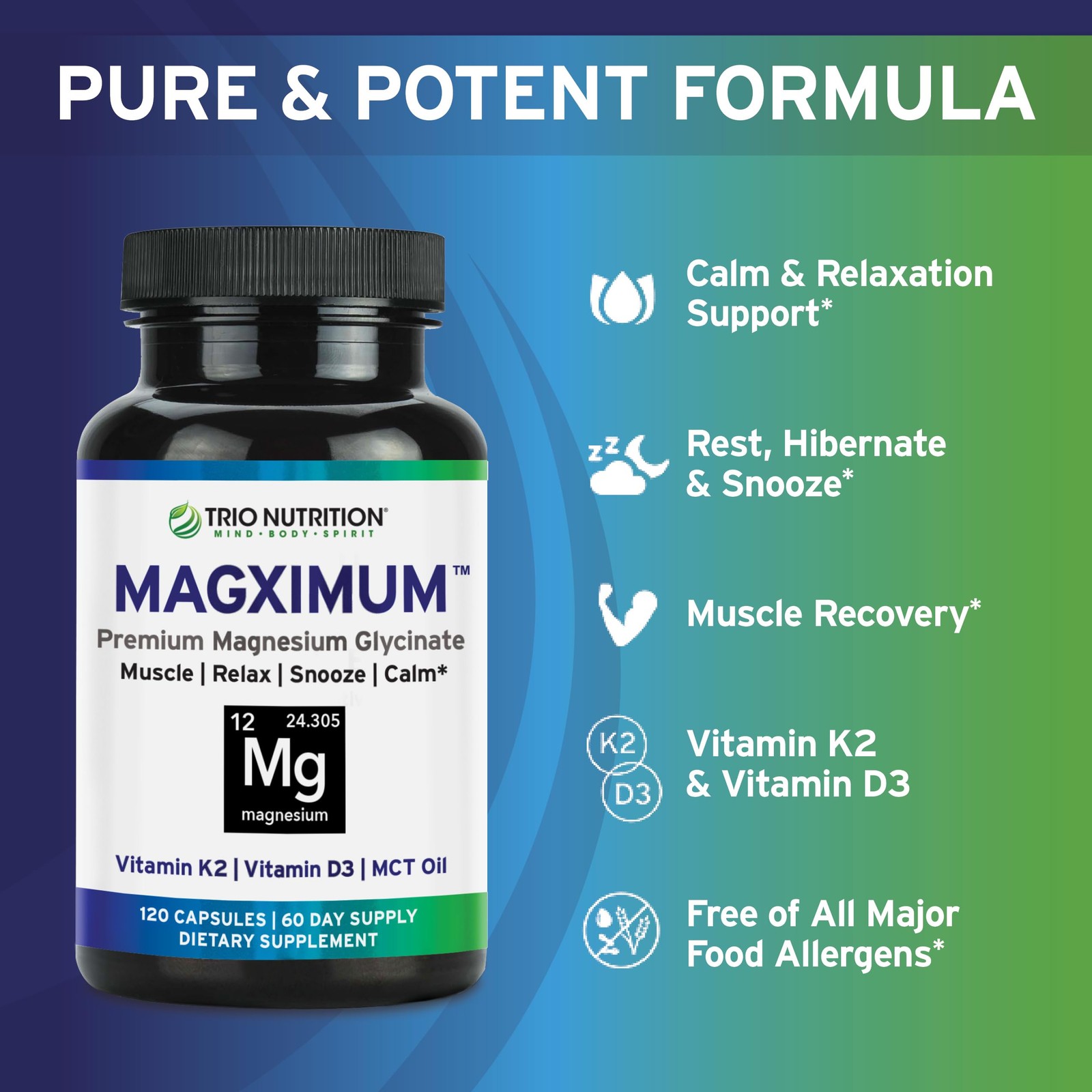 Trio Nutrition MagX Magnesium Glycinate, Vitamin D3, 120 Count (Pack of 1)