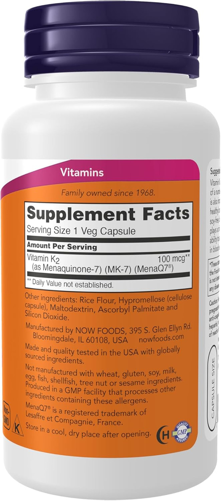 120ct Vitamin K2 MK-7 100mcg Veggie Capsules Bone Cardiovascular Health Support