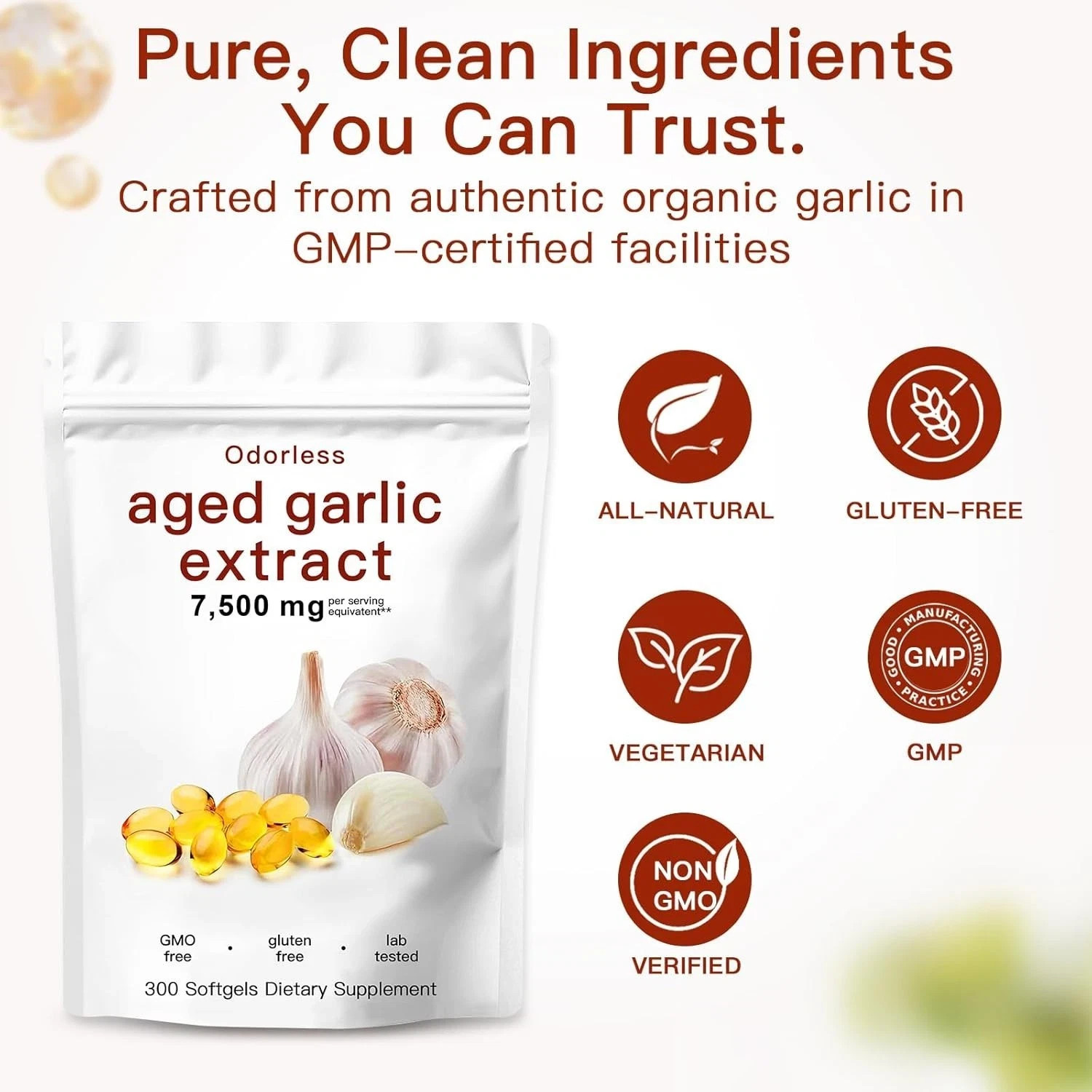 Odorless Garlic 7500mg Per Servings, 300 Softgels | 2 Years Aged Garlic Extra…