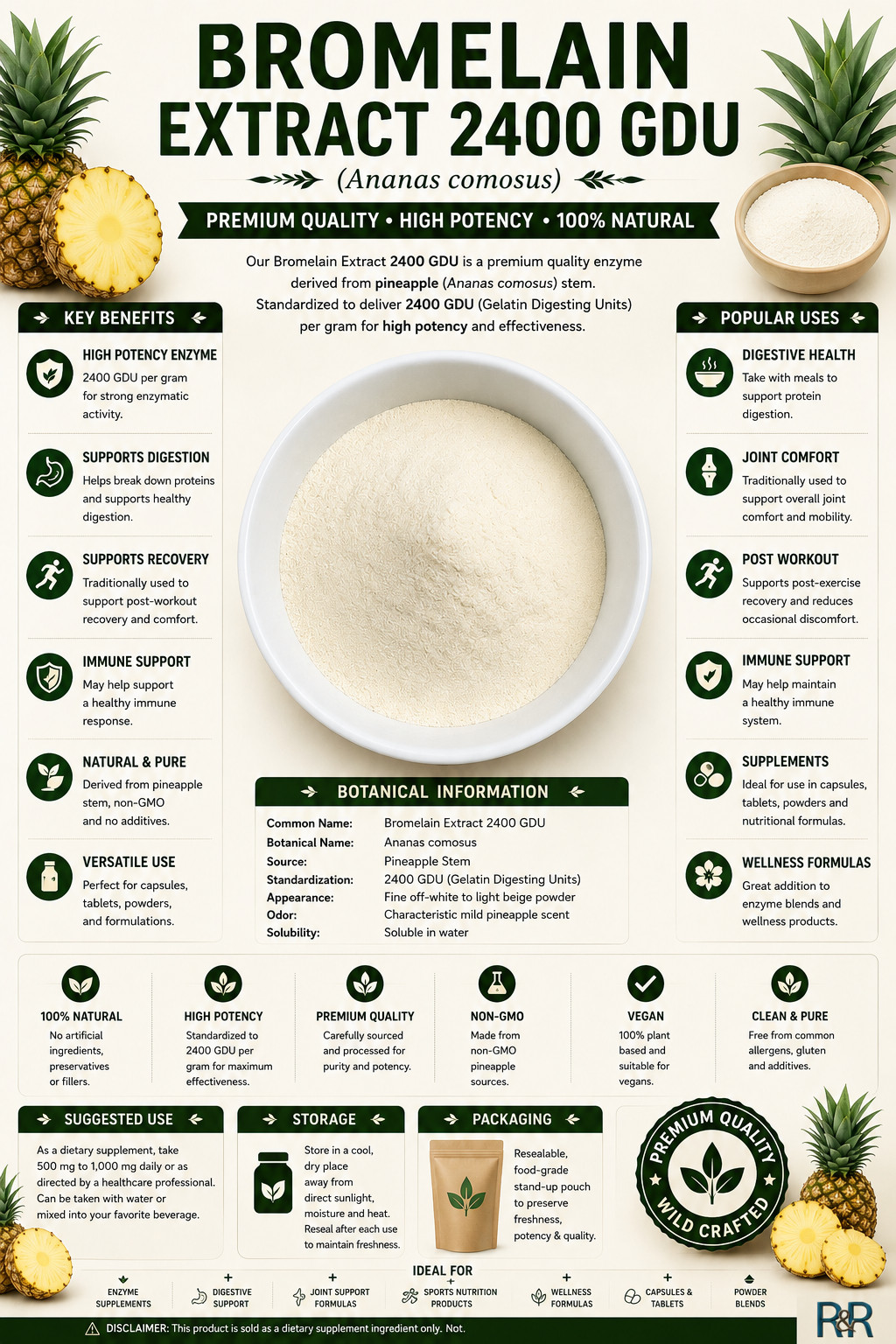 Bromelain Extract 2400 GDU Pineapple Enzyme Powder High Potency | USA | Fresh