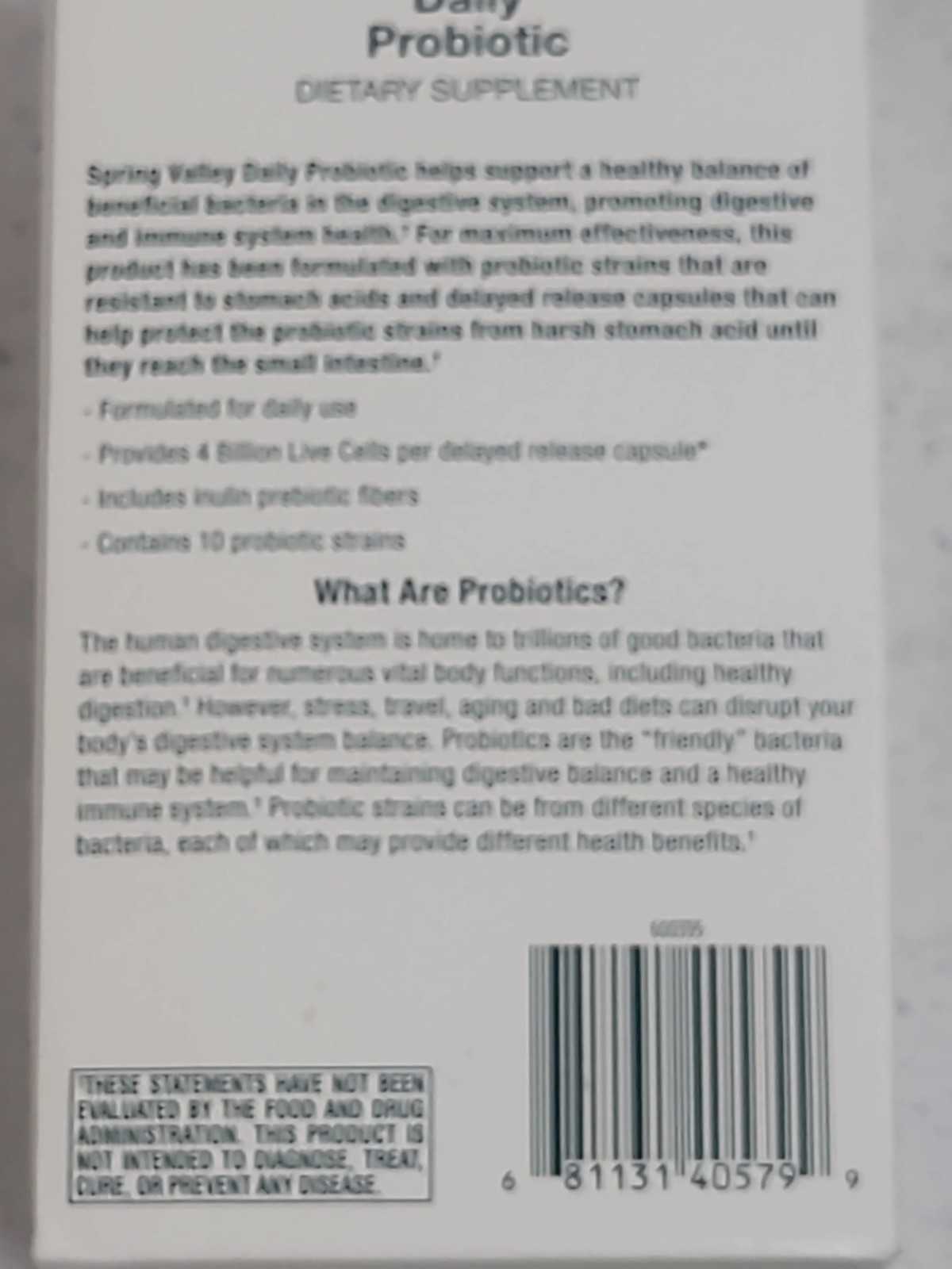Spring Valley Daily Probiotic Delayed Release 4 Billion CFU 10 Strains 60 Caps