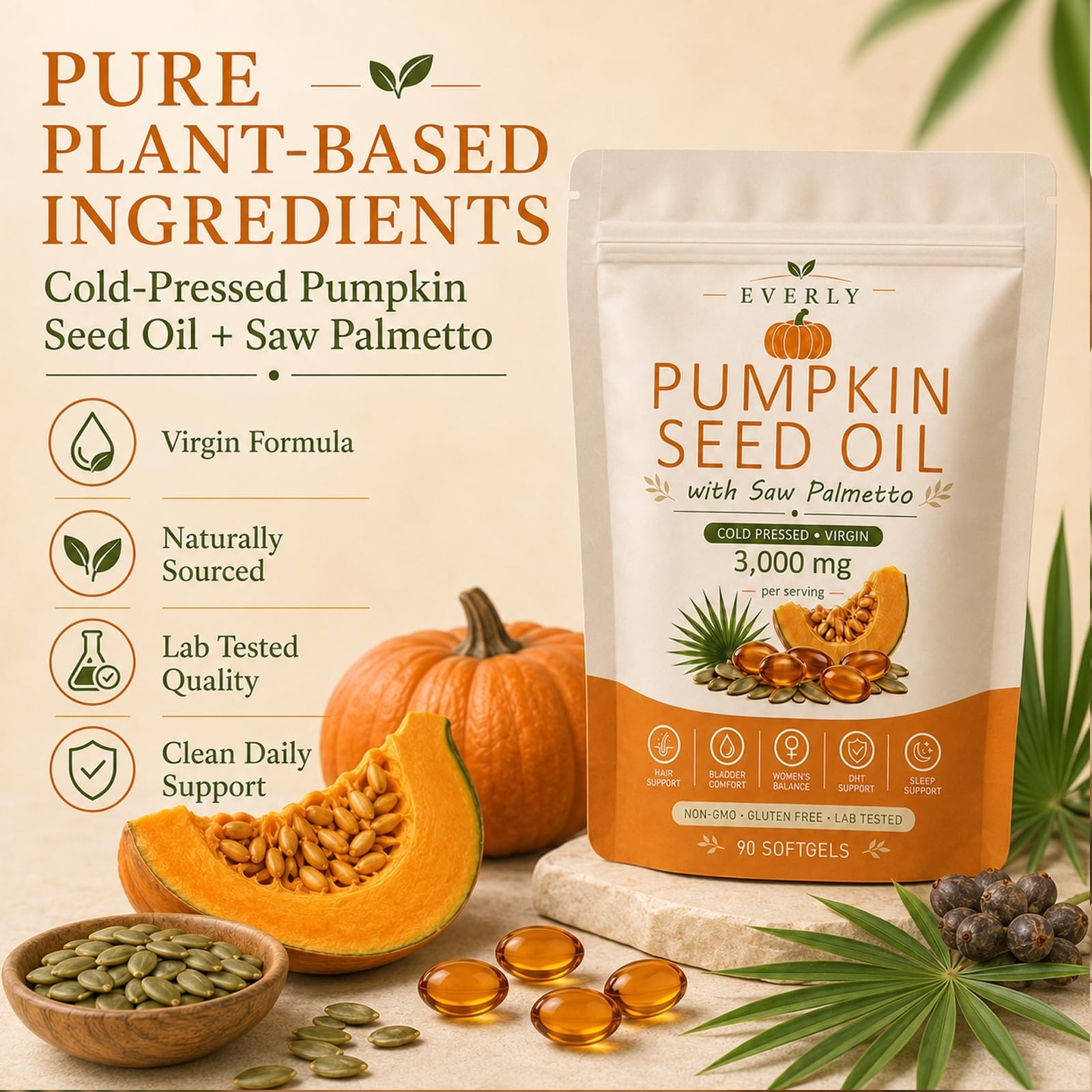 Pumpkin Seed Oil with Saw Palmetto, Cold Pressed Non-GMO, 90 Softgels for Hair &