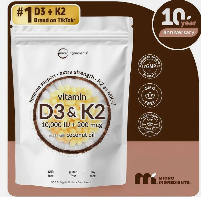 Vitamin D3 10000 iu Plus K2 (MK-7) 200 mcg, 300 Virgin Coconut Oil Softgels