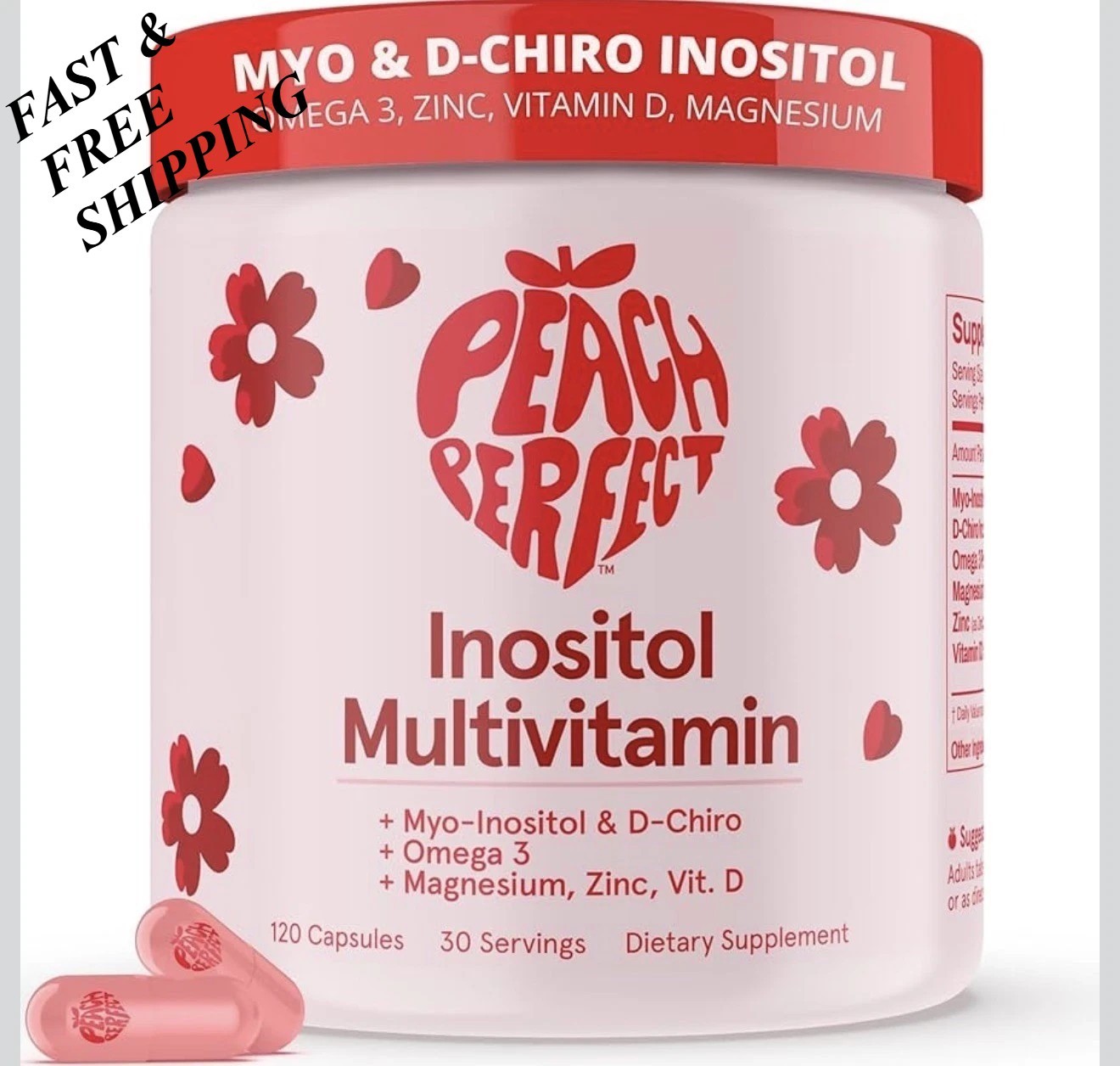 2 BOTTLES-Peach Perfect Inositol Multivitamin Myo&D-Chiro 40:1 Blend with Omega3