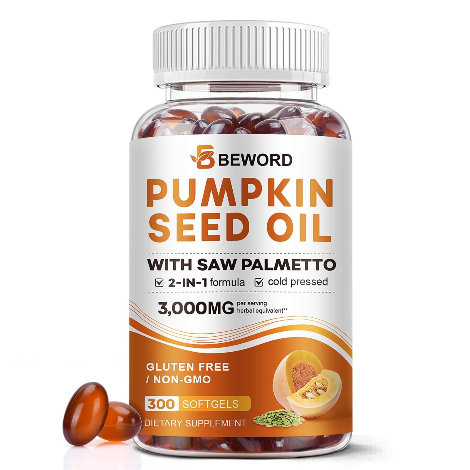 Pumpkin Seed Oil & Saw Palmetto Softgels 3000mg – 300 Cold Pressed Capsules for