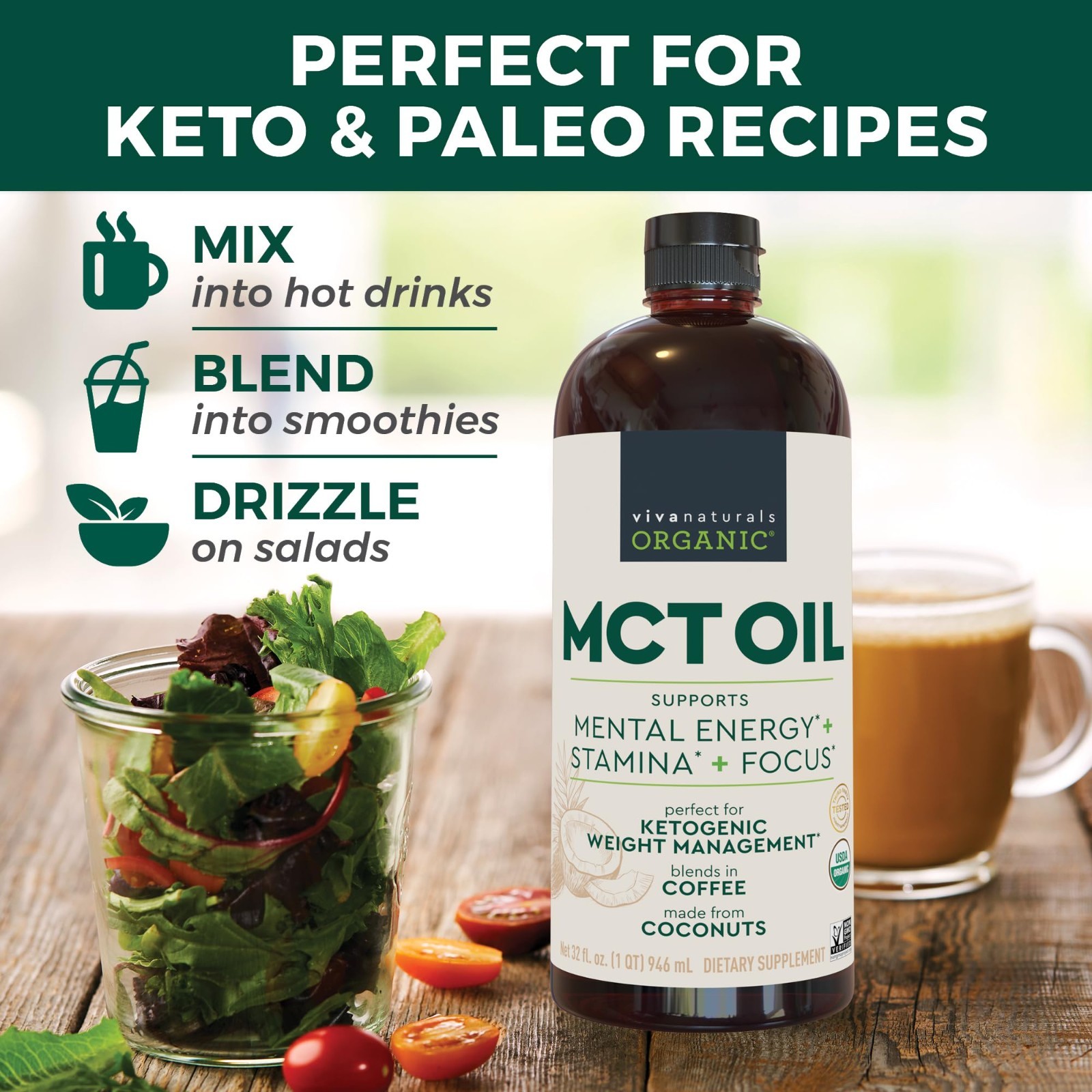 Organic MCT Oil 32 fl oz – Keto & Paleo Friendly, Non-GMO, Boosts Energy & Focus