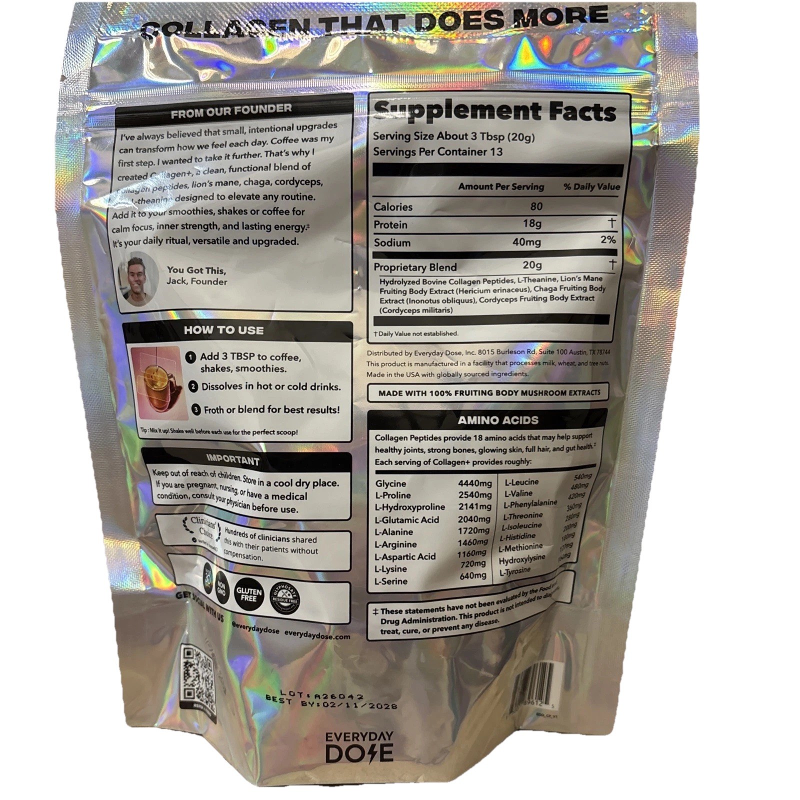 Everyday Dose All-In-One Collagen+ Lion’s Mane Chaga Cordyceps 9.33oz BB 02/28