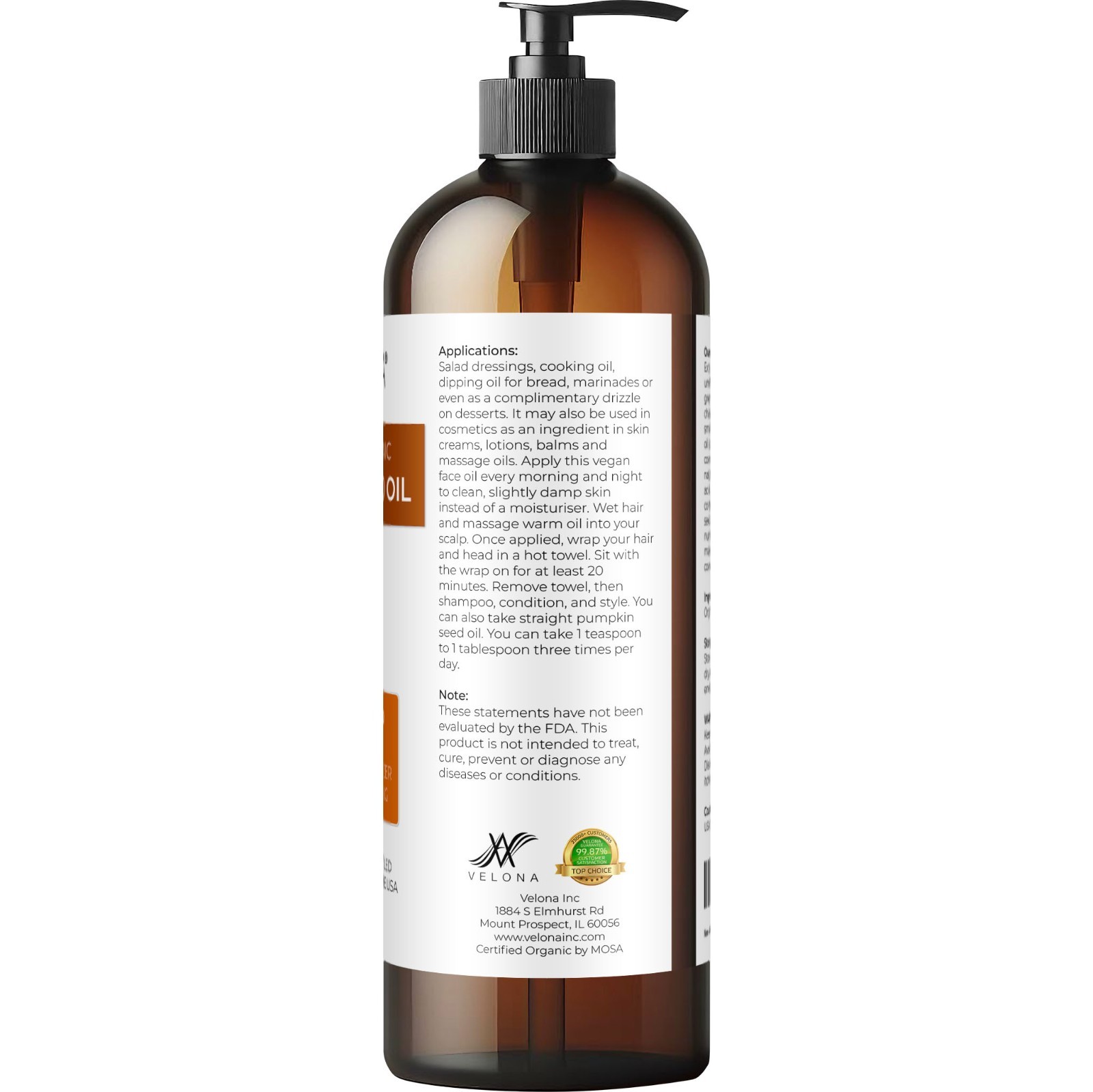 Velona Pumpkin Seed Oil USDA Certified Organic – 16 oz Unrefined Cold Pressed