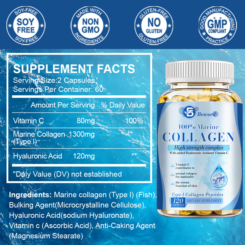Hydrolysed Type I Marine Collagen Capsules 1500mg For Skin, Nail Hair Health.
