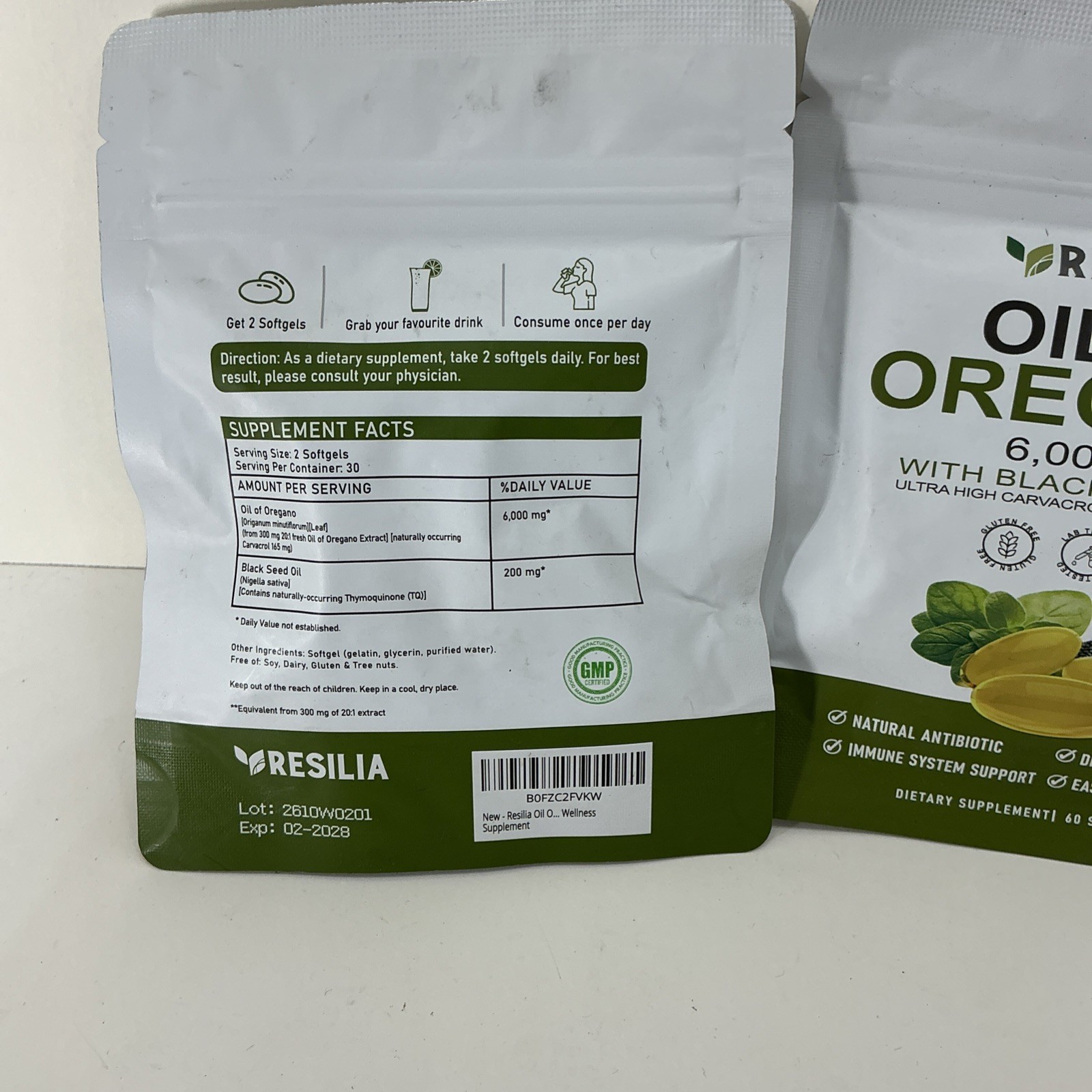 2 Pk Resilia Oil of Oregano 6000 mg with Black Seed Oil- 60 per bag- NEW SEALED