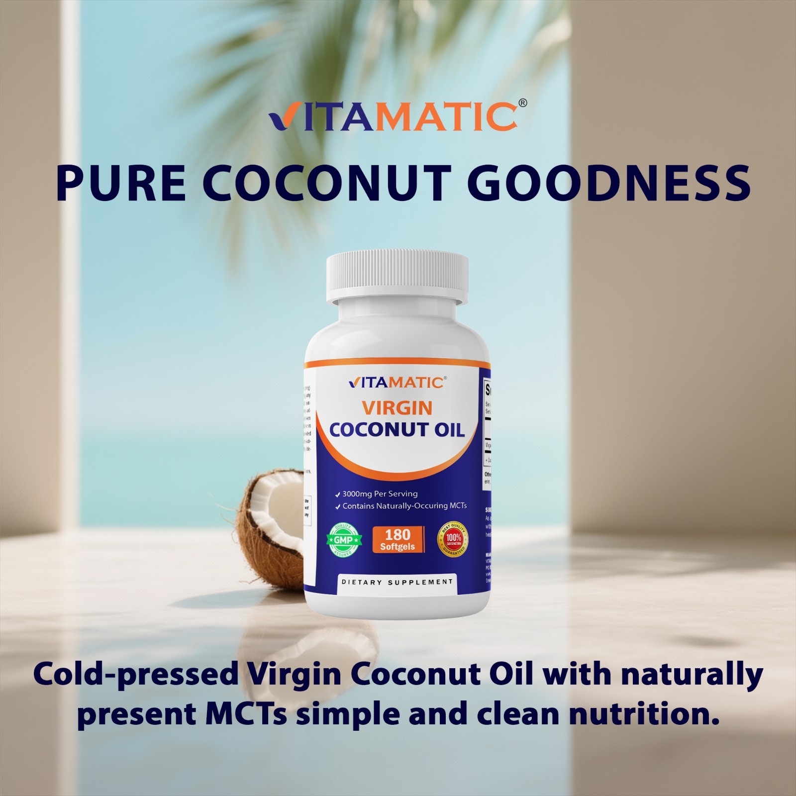 Vitamatic Virgin Coconut Oil Softgels, 3000 mg Per Serving, 60 Servings, 180 Cou