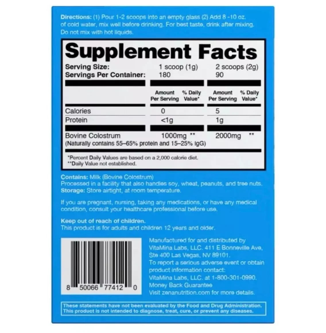 Zena Nutrition Pure Colostrum, 2000 mg, 90 servings, EXP 11/2027