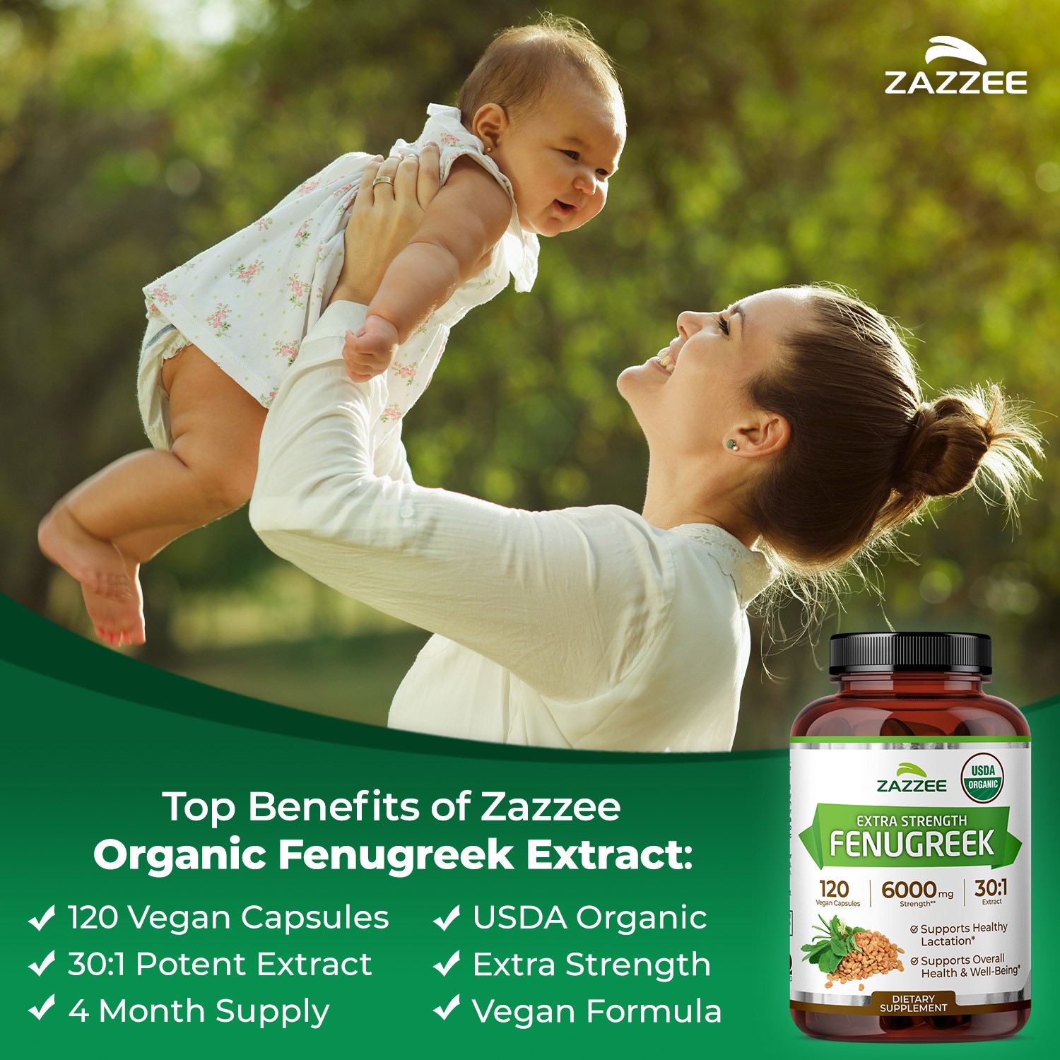 Zazzee USDA Organic Fenugreek 30:1 Extract, 6000 mg Strength, 120 Vegan Capsules
