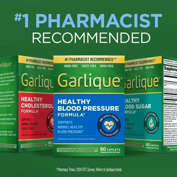 Garlique Healthy Blood Pressure Supplement 60 Caplets Odor Free Vegan Gluten