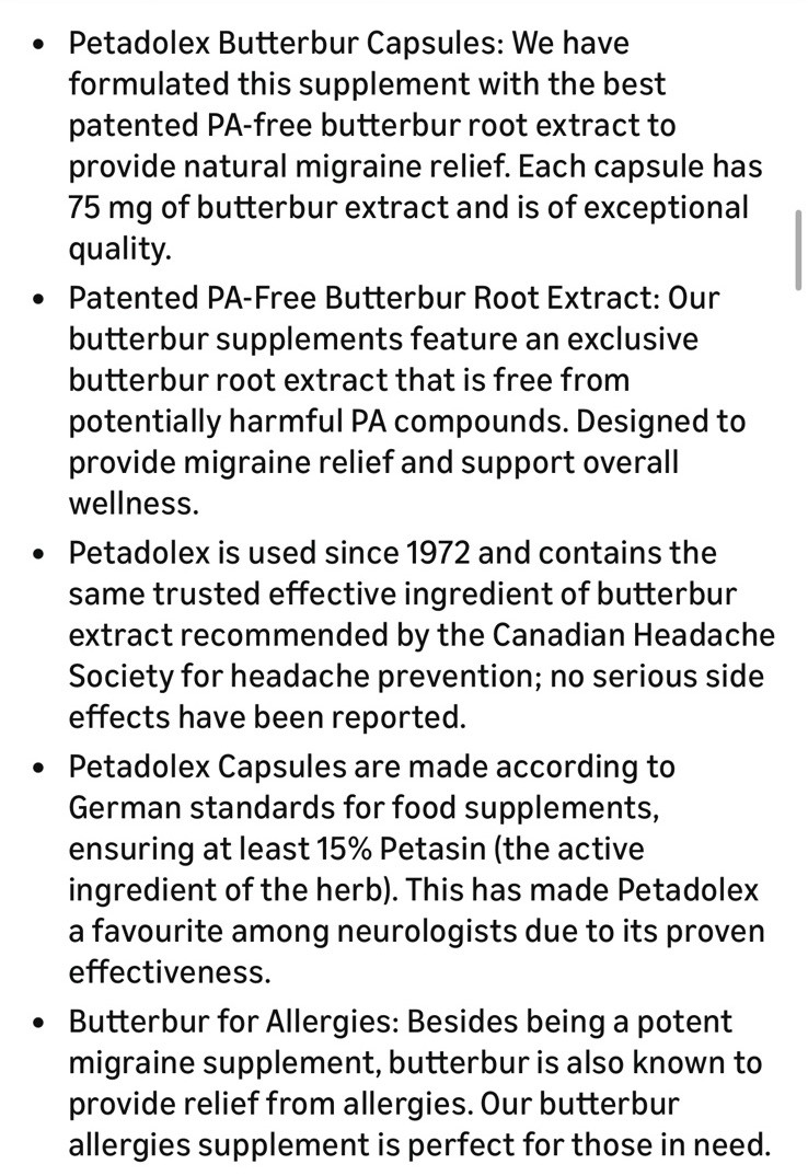 Petadolex Migraine Relief 60 Capsules – 75mg – Exp. 09/2027 – NEW