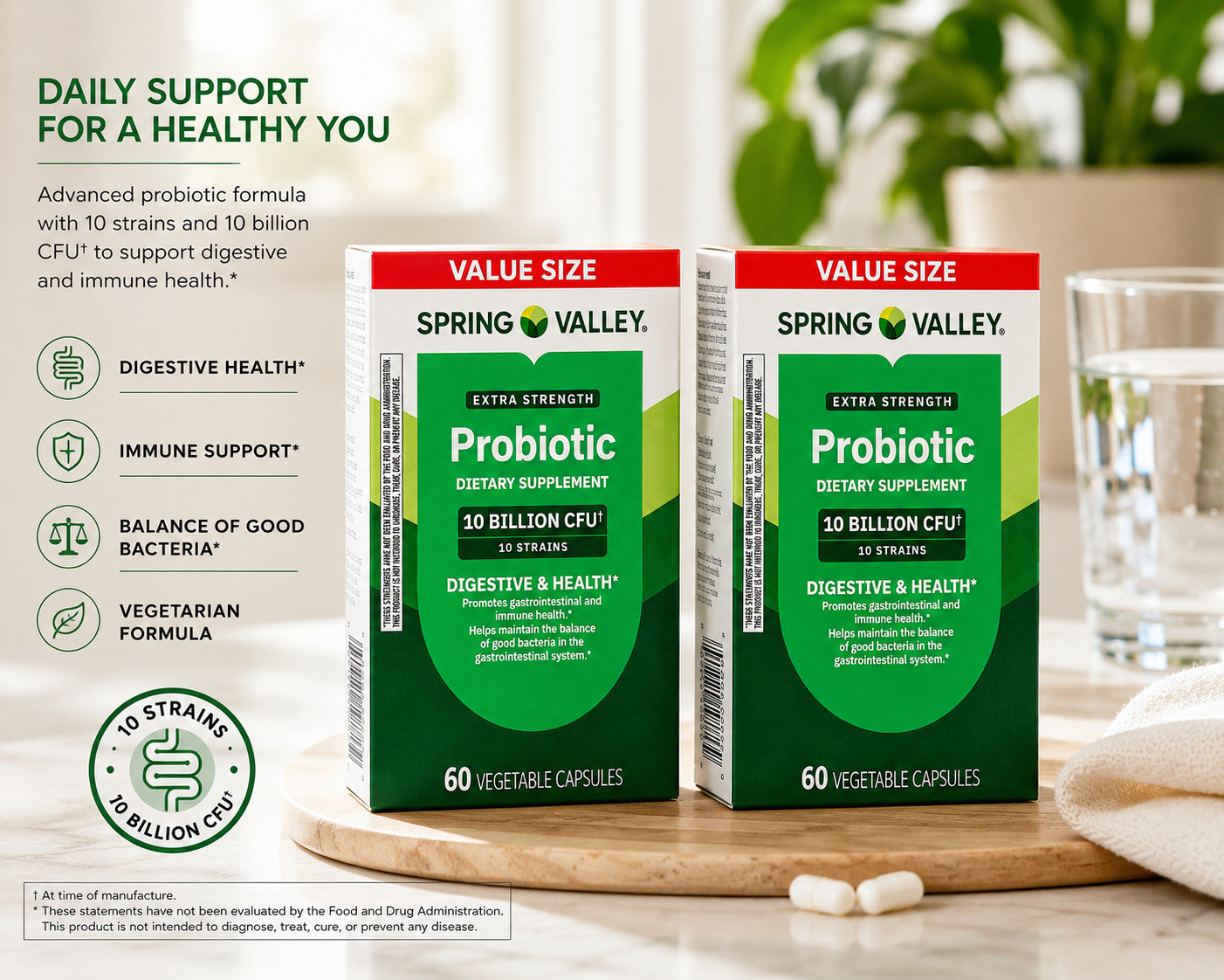 Spring Valley Extra Strength Probiotic 10 Billion CFU 2 Pack 60 Veg Capsules