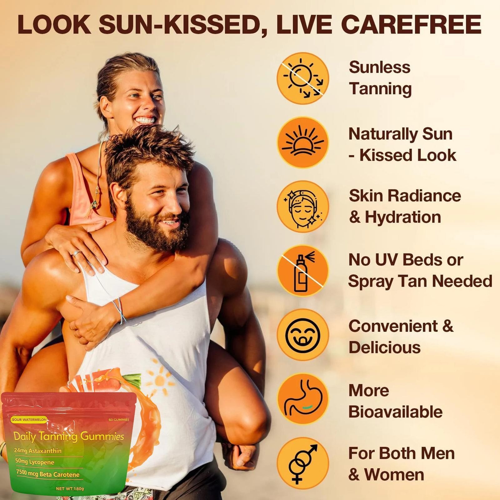 Improved Daily Tanning Gummies Supplement – 60 Gummies 30-Day Supply