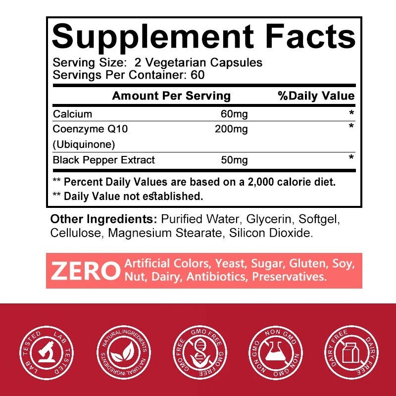 CoQ10 200mg 30/60/120 capsules Q10 C0q 10 Coenzyme Cardiovascular Heart Health