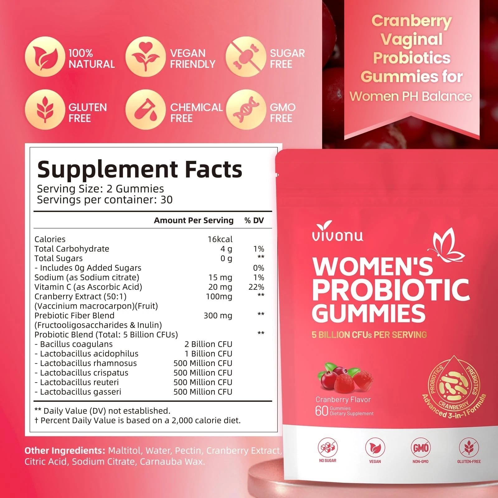 Cranberry Probiotic Gummies for Women – Vaginal&Immune Health,No Sugar,60 Pieces