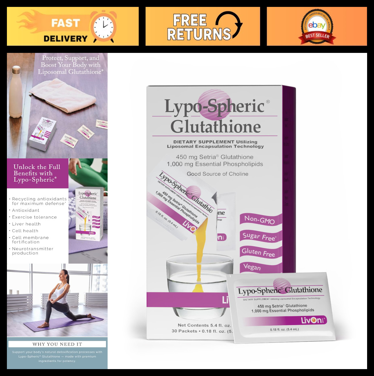 Lypo-Spheric Glutathione 450mg – 30 Packets, Liposome Encapsulated, Non-GMO, Max