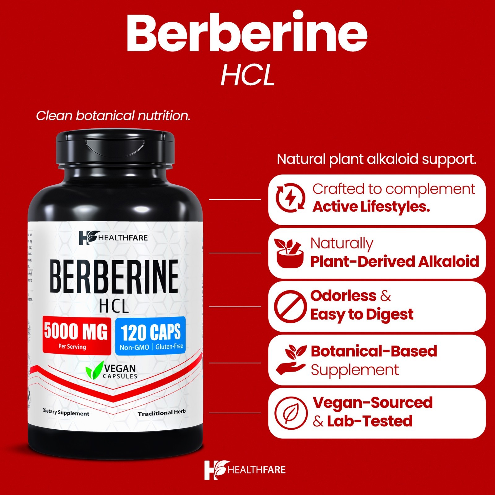 HealthFare Berberine HCl 5000mg | 120 Capsules | Vegan, Gluten-Free, GMO-Free