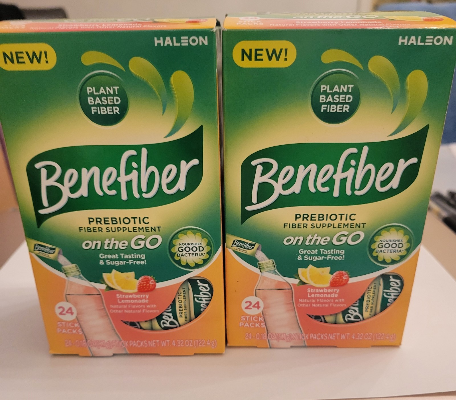 Lot/2 Benefiber Prebiotic Fiber On The Go 24 Stick Strawberry Lemonade Exp 6/26