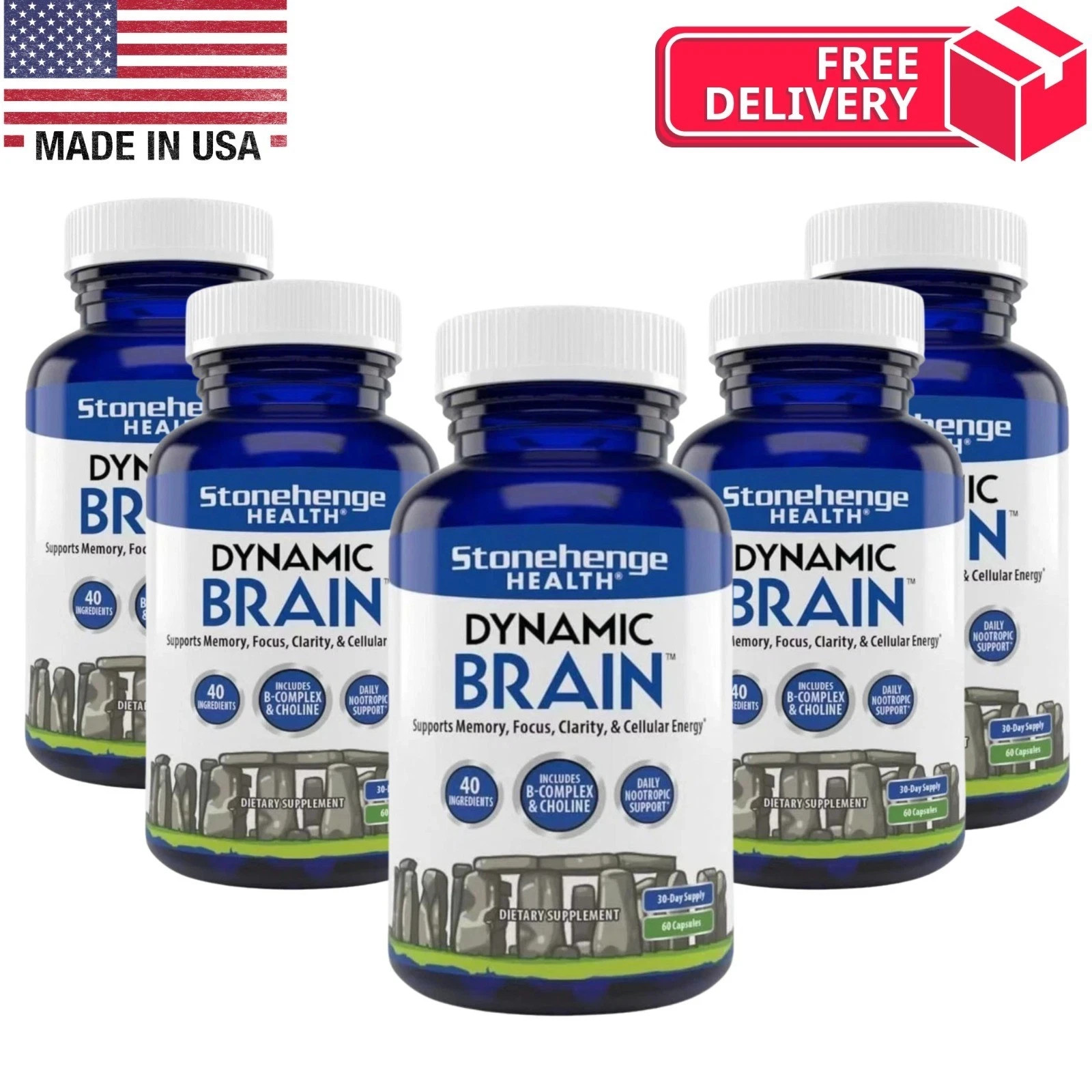 Dynamic Brain Supplement 60 Capsules–Memory Focus Clarity-Pack of 5