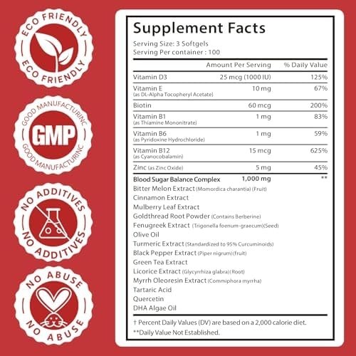 300 Softgels Blood Sugar Complex Supplement | 20+ 300 Count (Pack of 1)