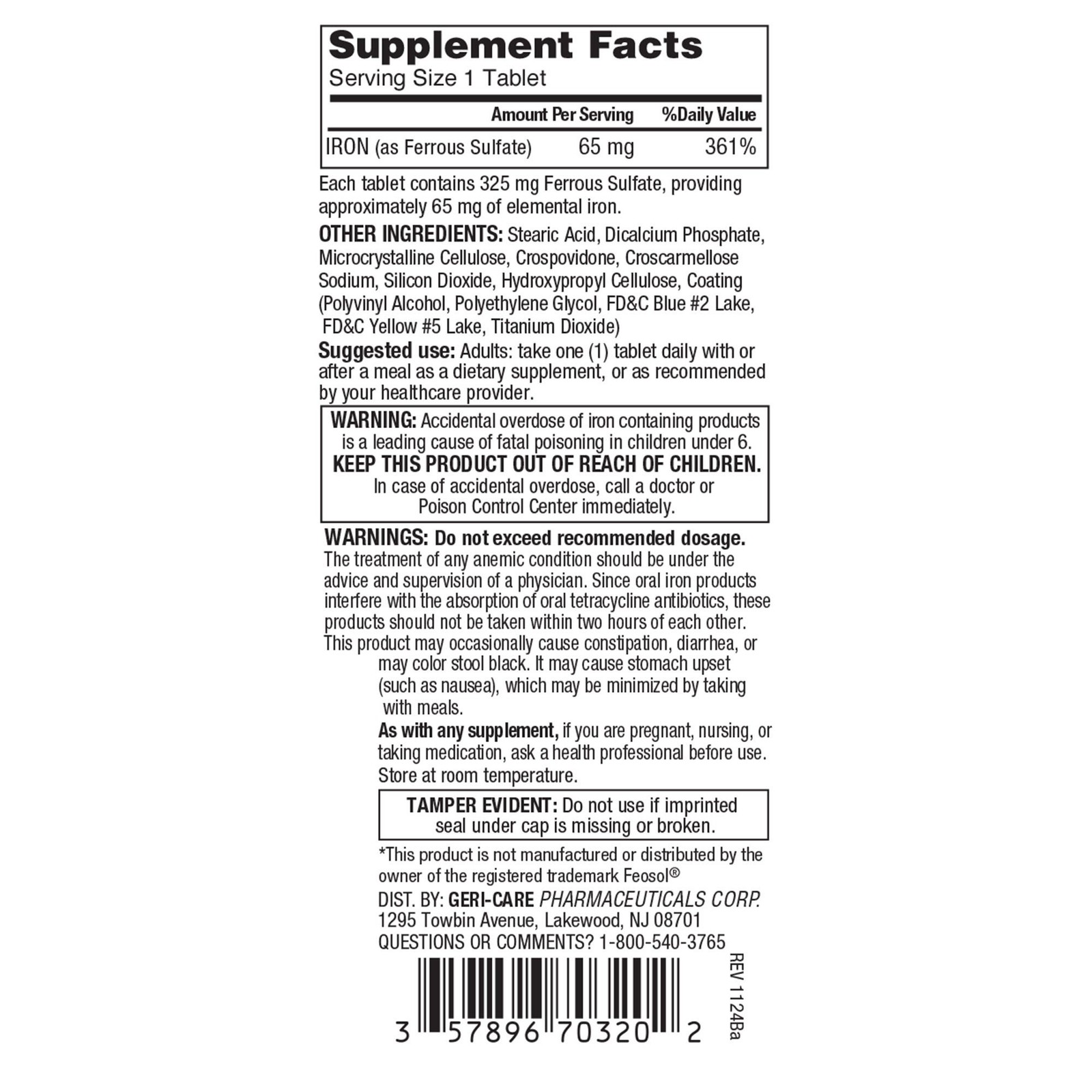 Geri-Care Iron Tablet 325 mg 703-20-GCP 1 Bottle 200 per Bottle