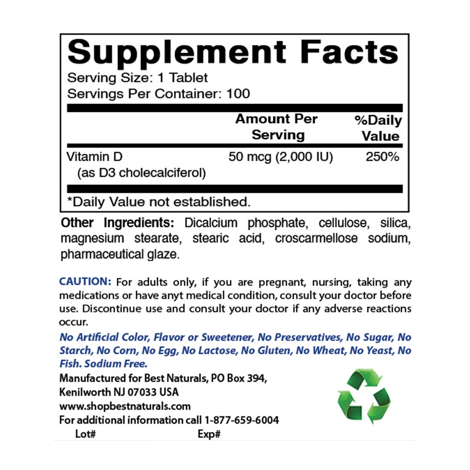 2 Pack Best Naturals Vitamin D3 2000 IU 100 Tablets