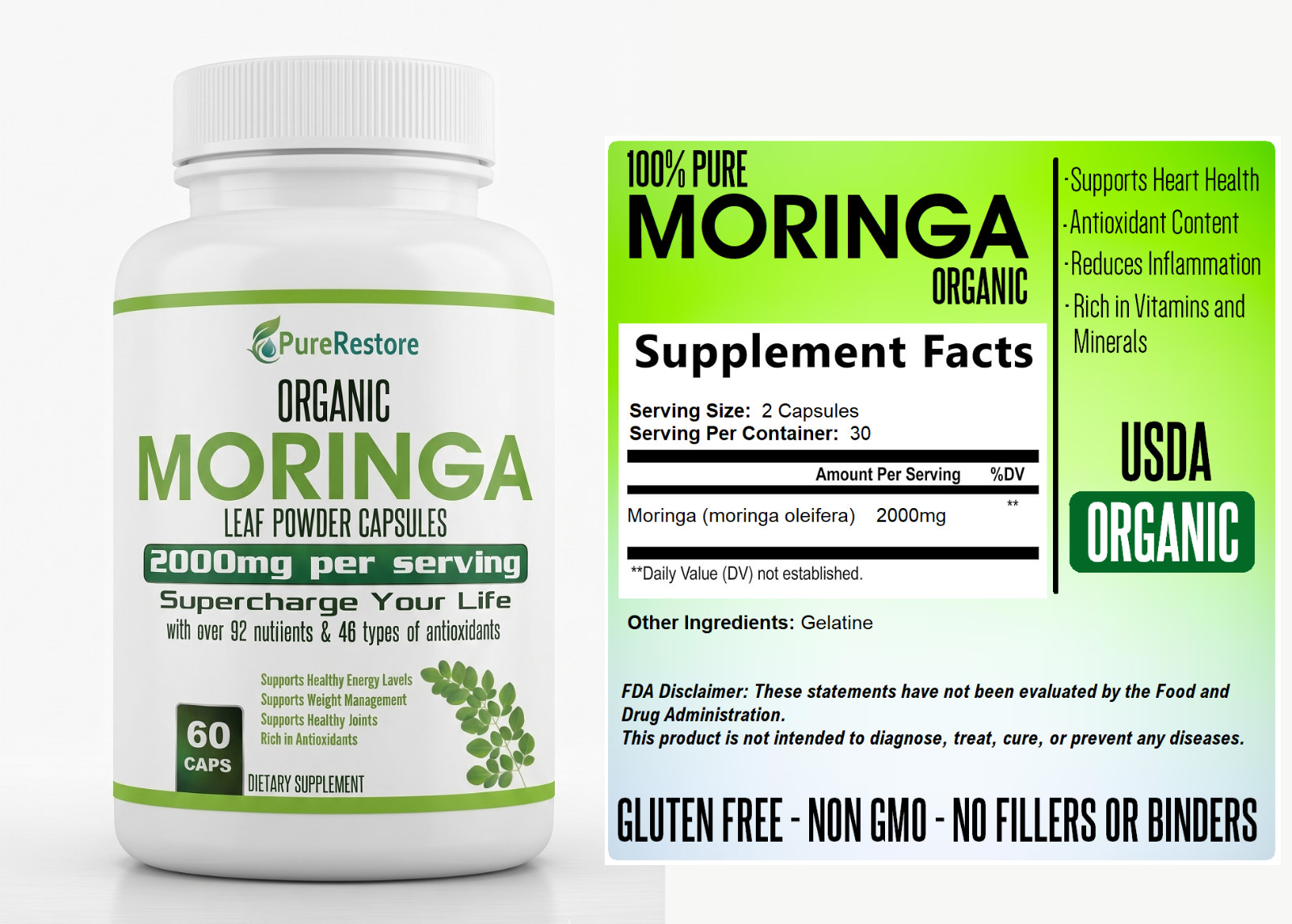 Organic Moringa Oleifera Capsules 2000mg, 60, 120, 180 Capsules