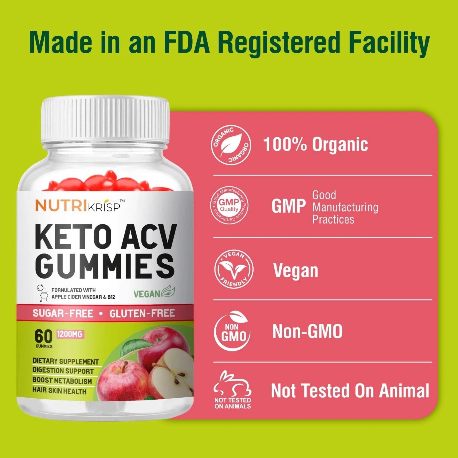 Nutrikrisp Keto ACV Gummies, 1200 mg, 60 Count, Sugar-free, Gluten-free