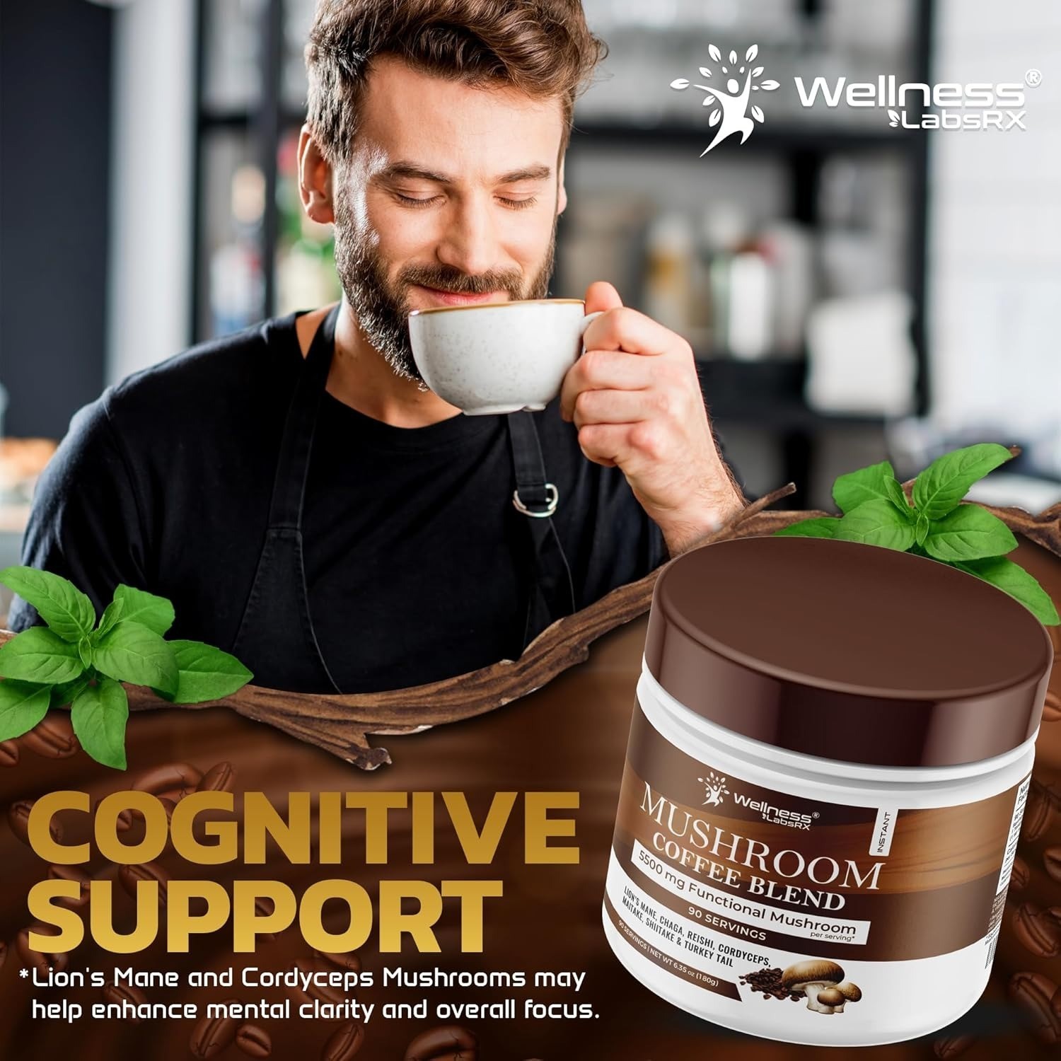 Mushroom Coffee 90 Servings | Lions Mane, Reishi, Chaga, Keto Instant Blend
