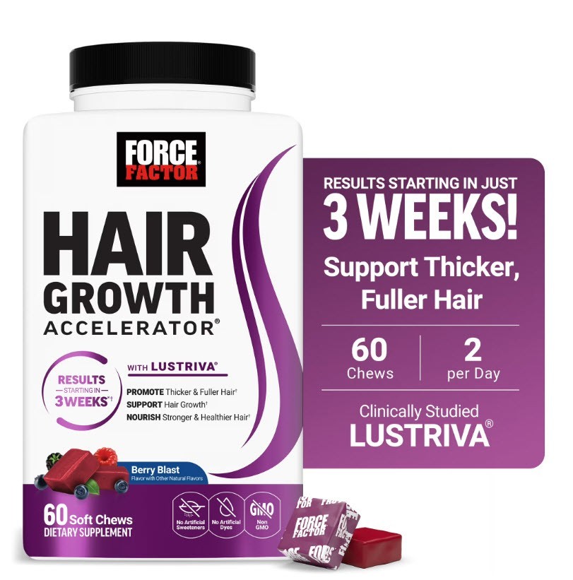 2-PK FORCE FACTOR HAIR GROWTH ACCELERATOR W/ LUSTRIVA BERRY BLAST CHEWS 60 CT