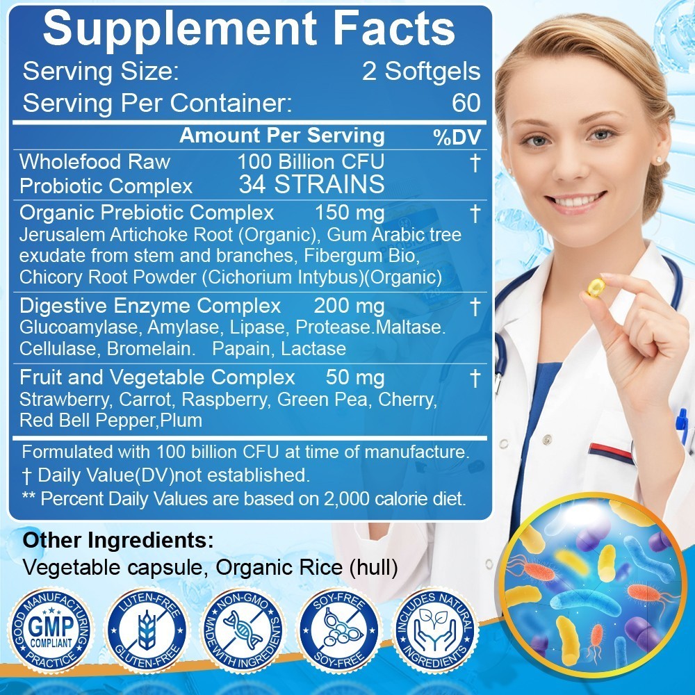 Probiotics Digestive Enzymes 100 Billion CFU Potency Immune Health 120 Capsules