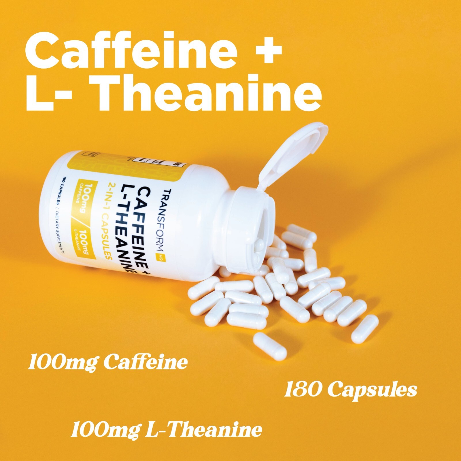 TransformHQ Caffeine & L-Theanine (100mg Each) 180 Caps – Gluten Free, Non-GMO