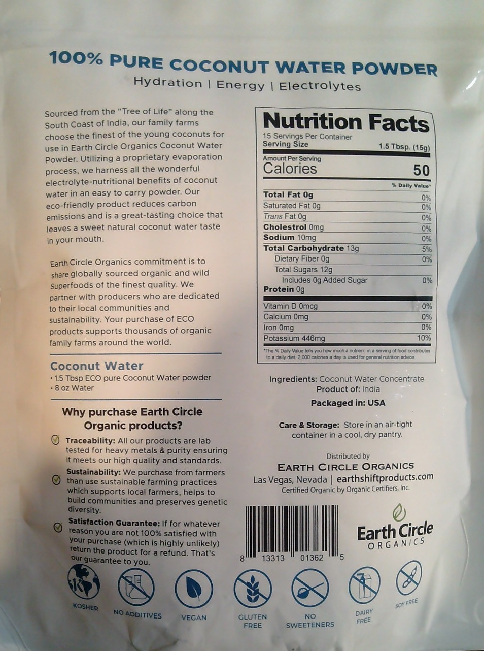 Earth Circle Organic 100% Coconut Water Powder, 8oz **PLEASE NOTE: Best By 4/25*