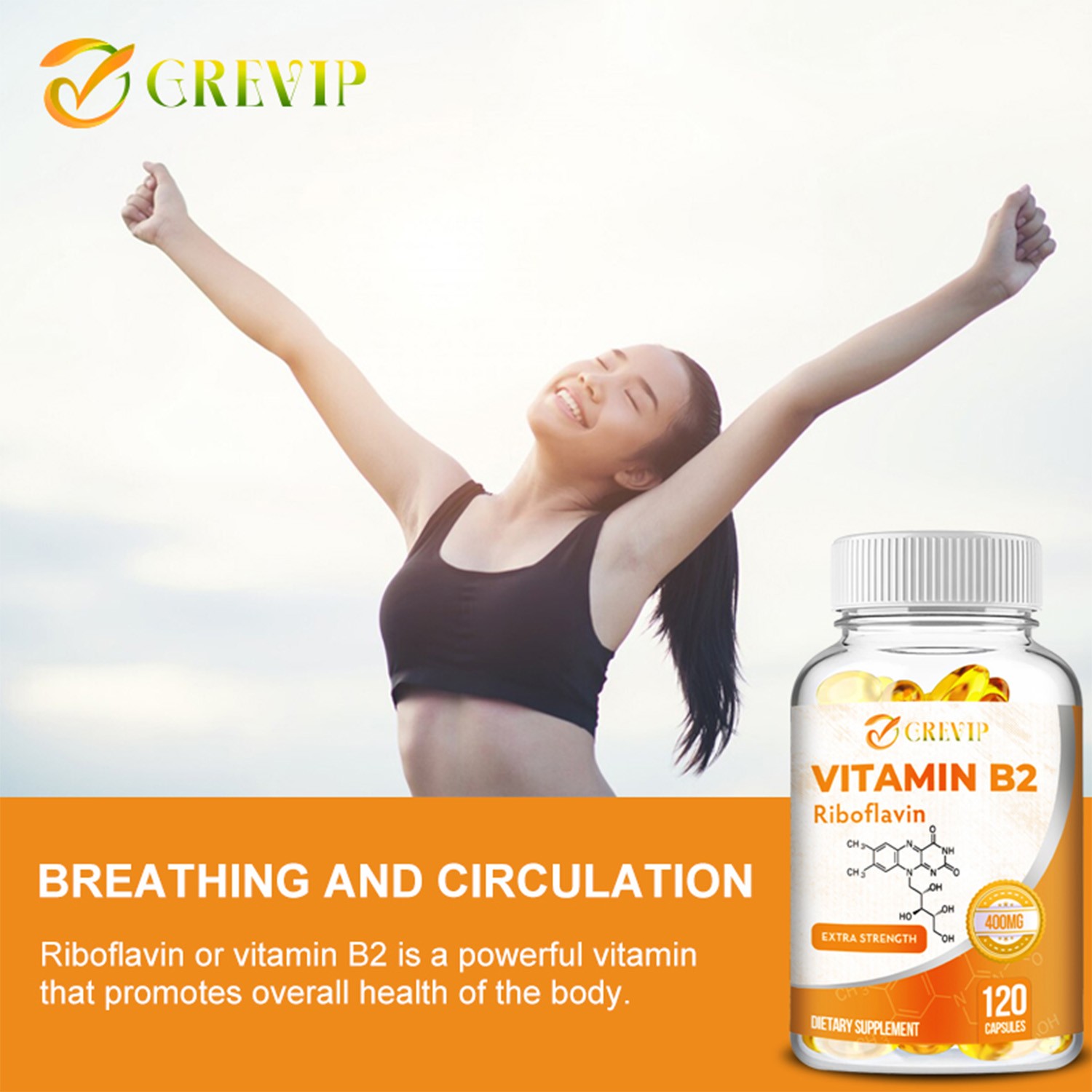 GREVIP Vitamin B2 400mg – High Strength Energy, Metabolism & Nerve Support