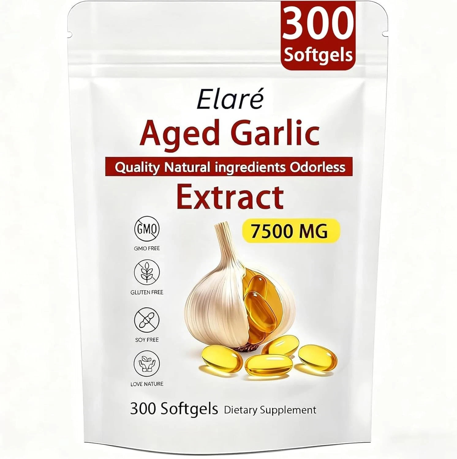 Odorless Garlic 7500mg Per Servings, 300 Softgels | 2 Years Aged Garlic Extra…